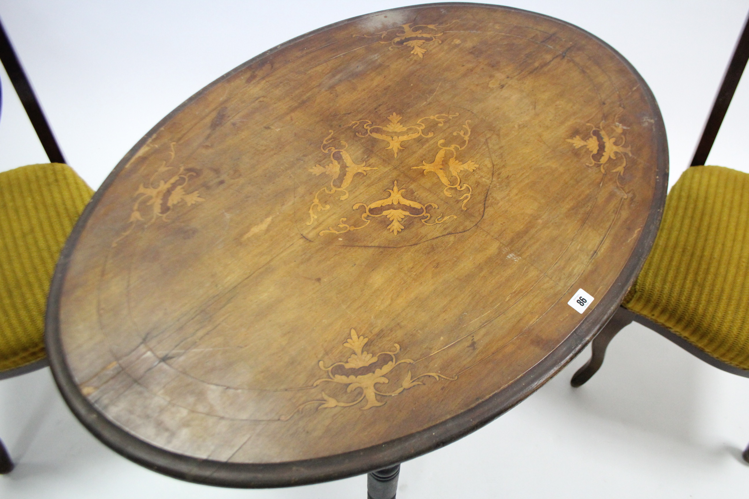 A marquetry inlaid mahogany oval dining table on four ring-turned legs, 40½” wide; together with a - Image 3 of 3