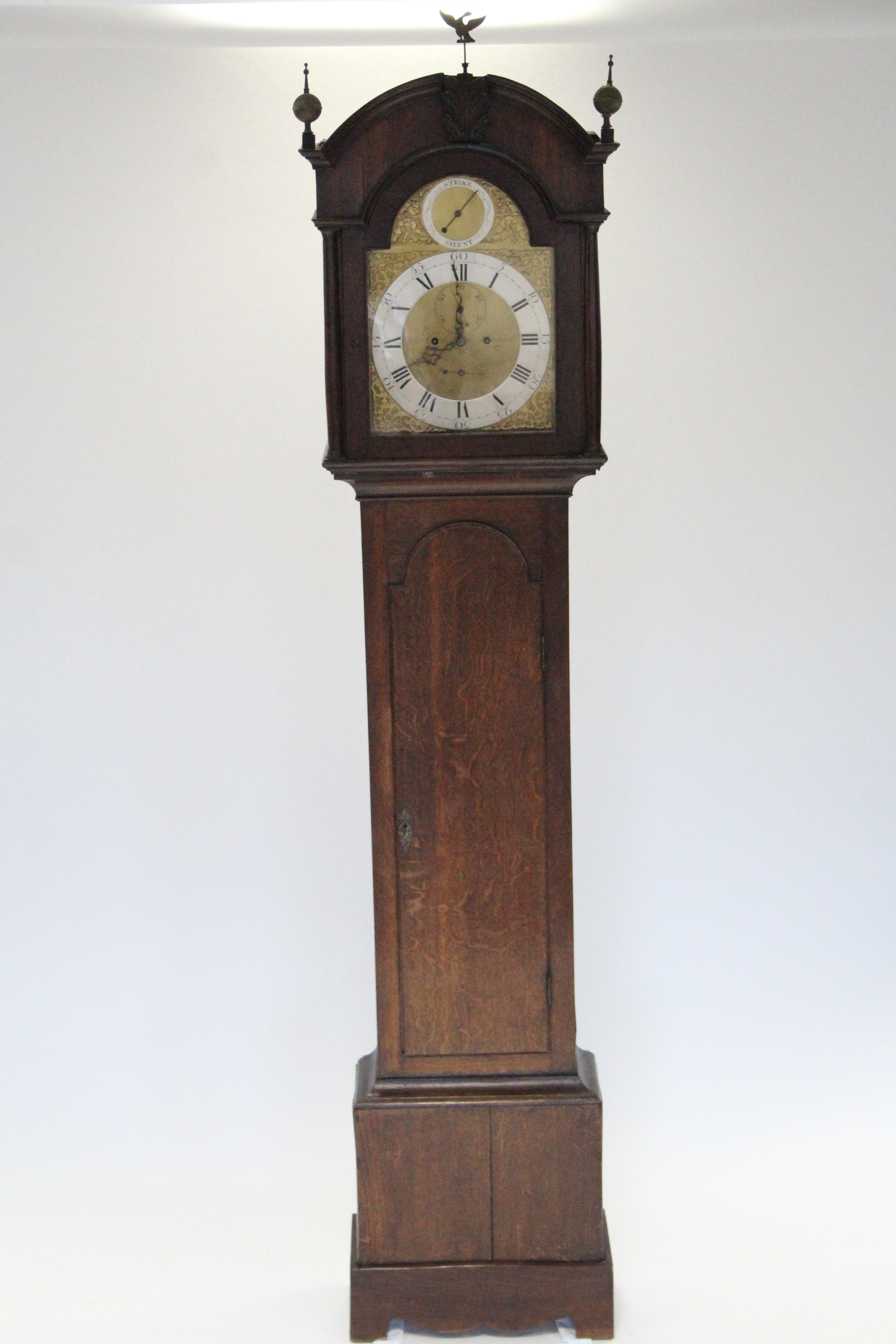 A late 18th century longcase clock, the 12” brass & silvered dial with “strike/silent” dial to the - Image 6 of 6
