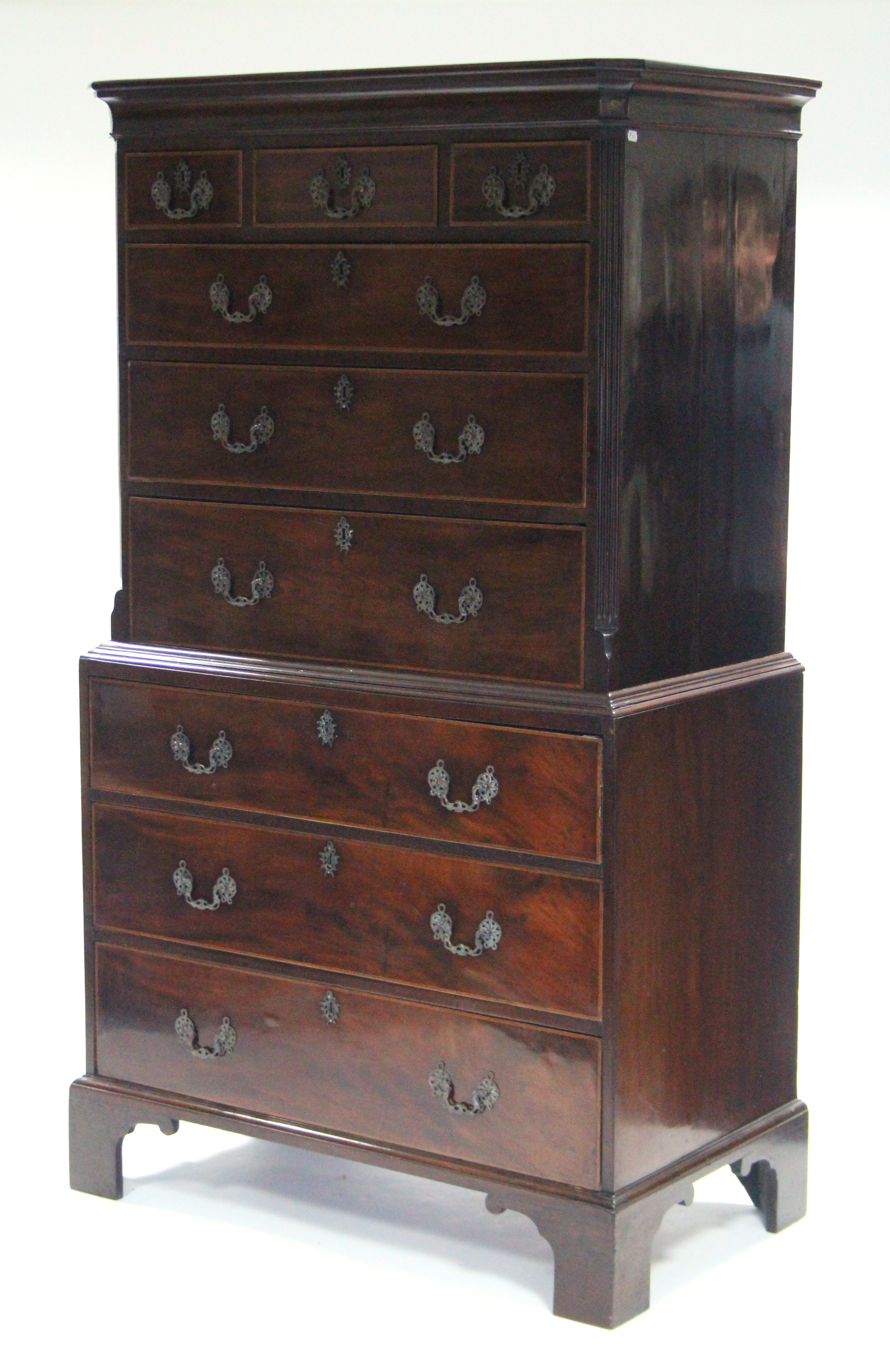 AN 18th century MAHOGANY CHEST-ON-CHEST, the upper part with cavetto cornice & fluted canted