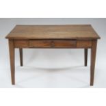 A 19th century FRENCH PROVINCIAL CHESTNUT SIDE TABLE, with rectangular top, fitted frieze drawer