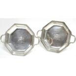 A PAIR OF GEORGE III OCTAGONAL TWO-HANDLED SHALLOW DISHES, each with gadrooned rim,