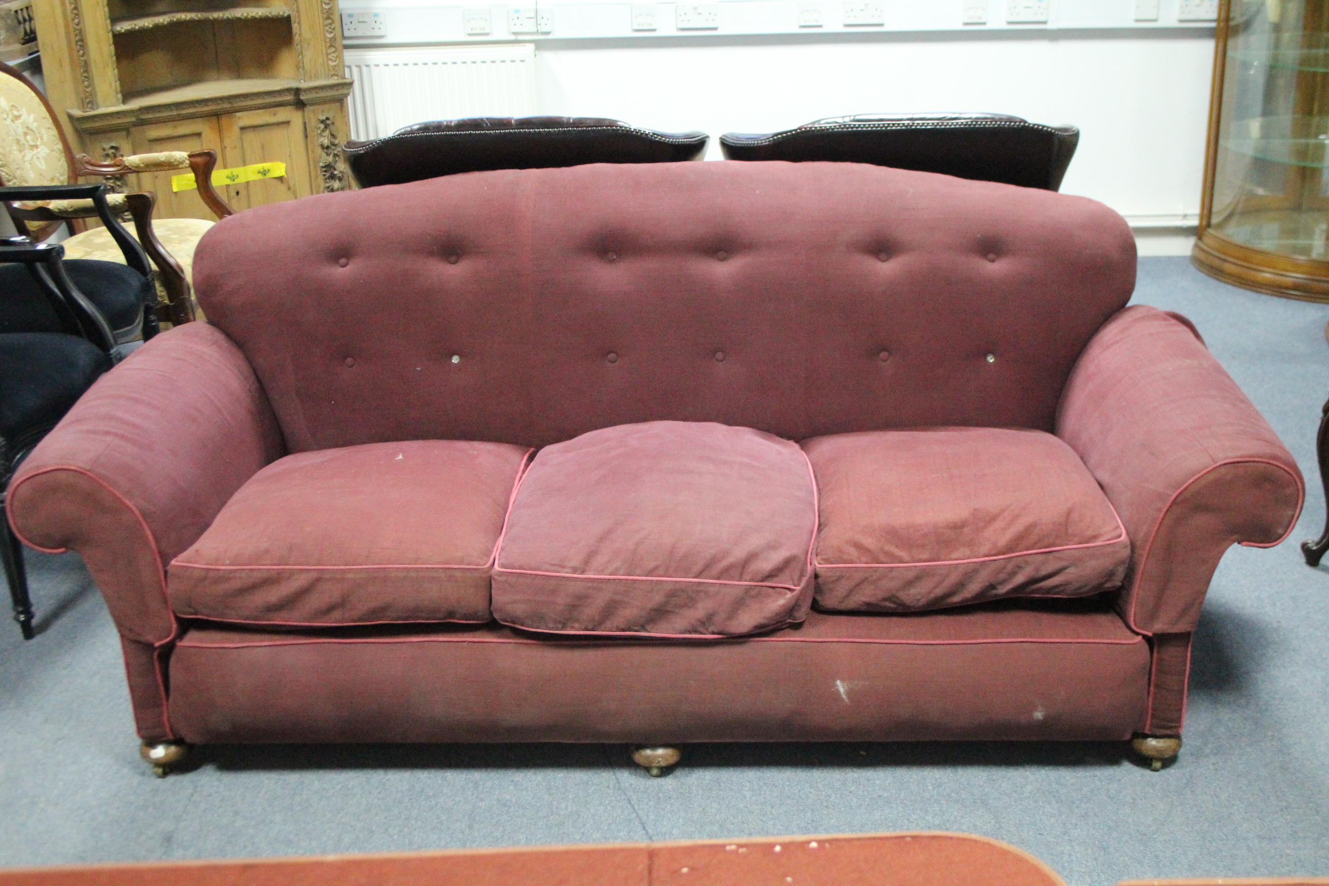 An early 20th century three-seat sofa upholstered burgundy fabric, with rounded buttoned back, - Image 2 of 5