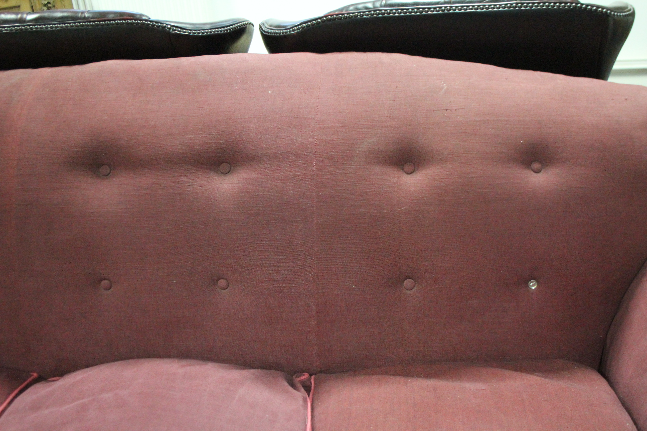 An early 20th century three-seat sofa upholstered burgundy fabric, with rounded buttoned back, - Image 3 of 5