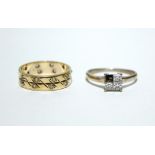 An 18K ring set four small square-cut diamonds (one missing); & a 9ct. gold band set two rows of