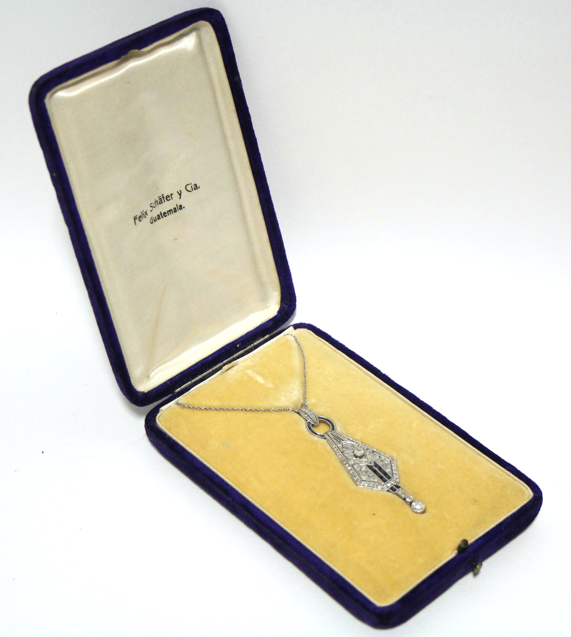 AN ART DECO DIAMOND & SAPPHIRE PENDANT of tapered angular form, set numerous graduated diamonds & - Image 5 of 6