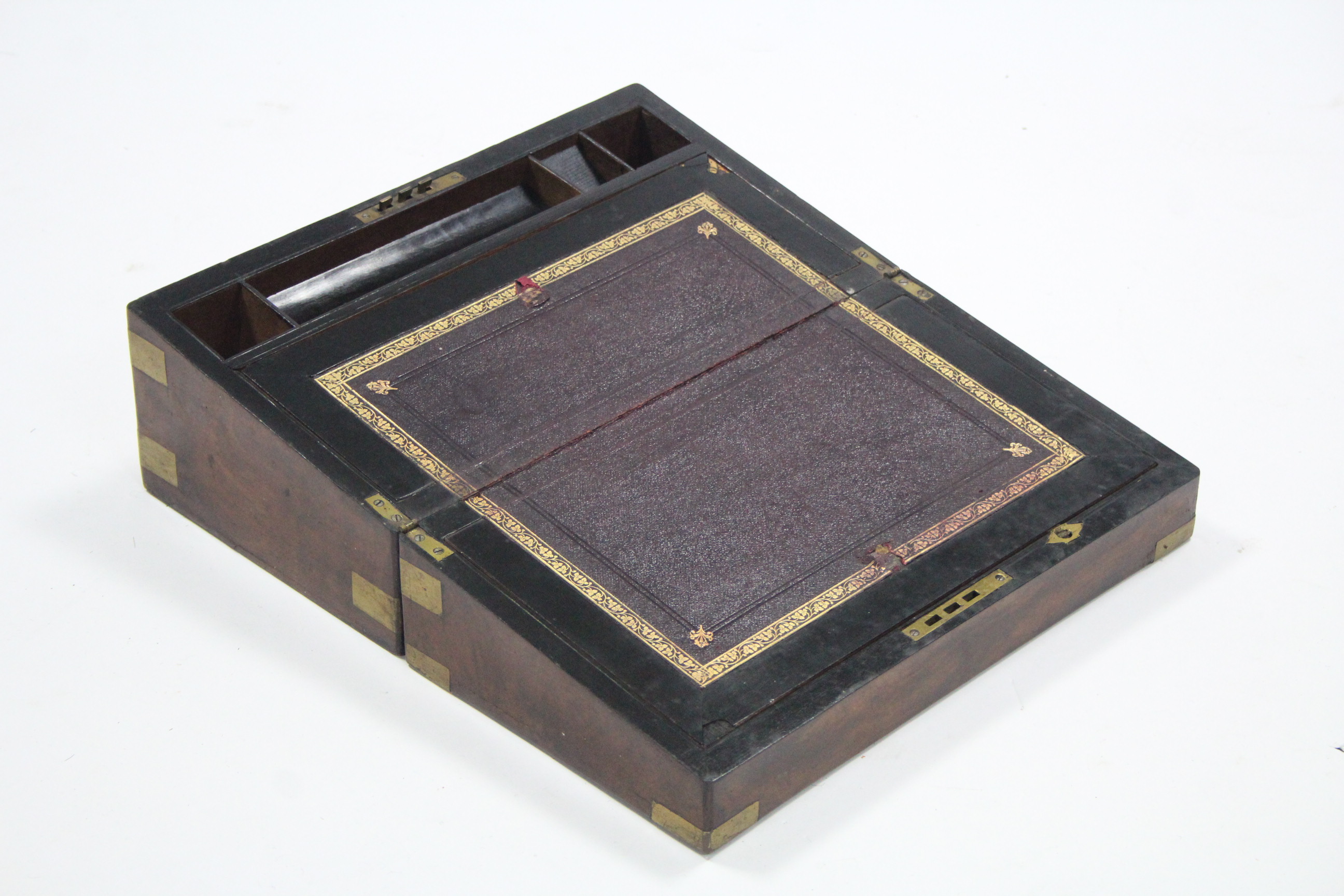 A 19th century figured walnut & brass-bound writing slope, the ebonised interior with gilt tooled - Image 2 of 2