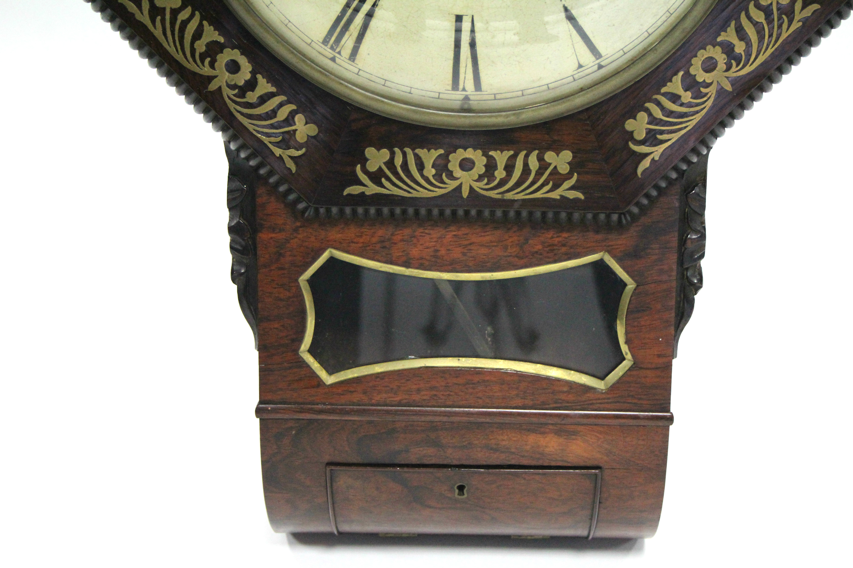 AN EARLY VICTORIAN DROP-DIAL WALL TIMEPIECE in brass inlaid rosewood octagonal case, the 12” diam. - Image 3 of 7