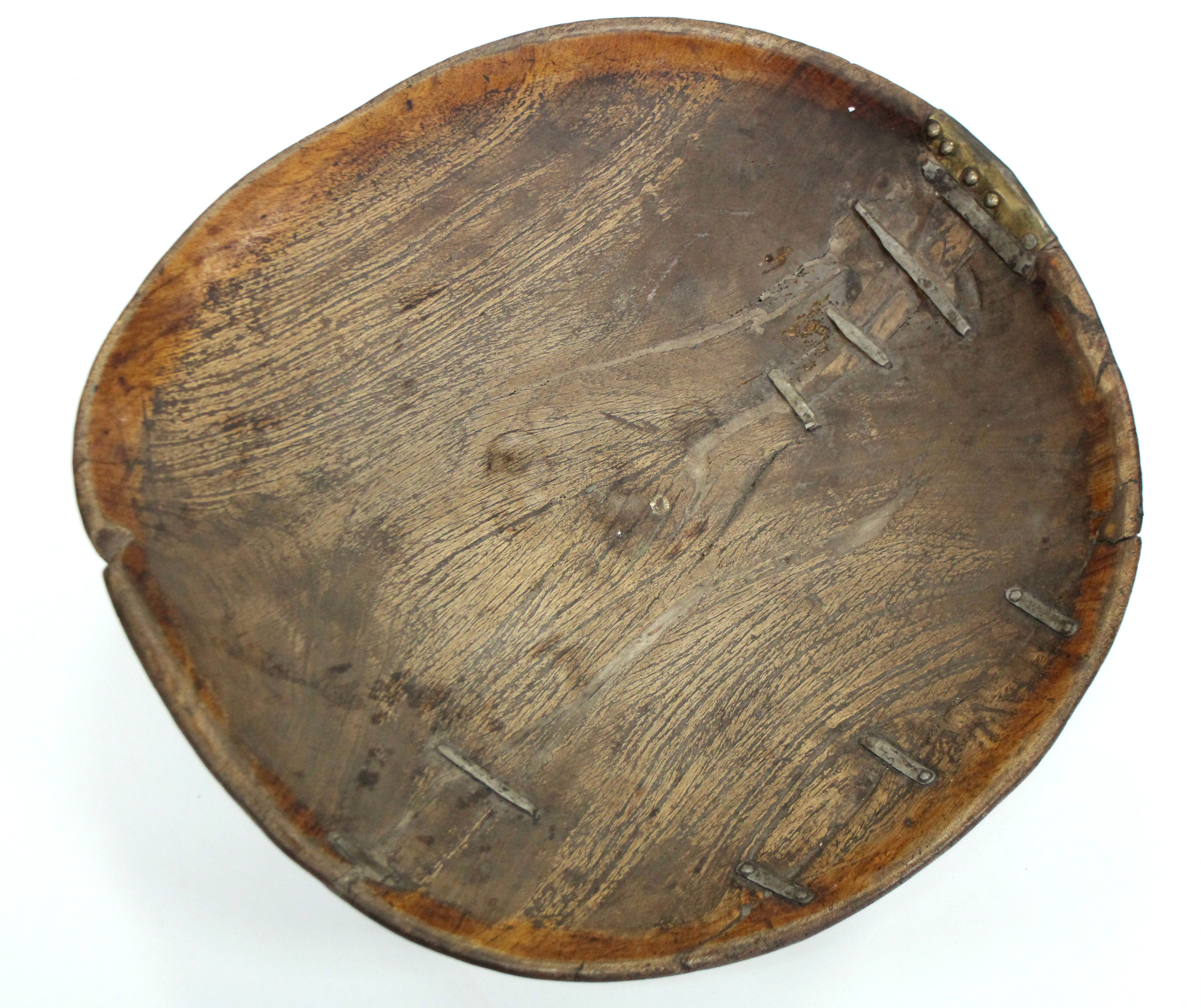 An antique Moroccan large wooden couscous bowl, on stem foot; 27” diam. (old rivet repairs). - Image 2 of 4