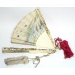 A19th century Japanese ivory brisé fan with shibayama decoration, one side finely painted with birds