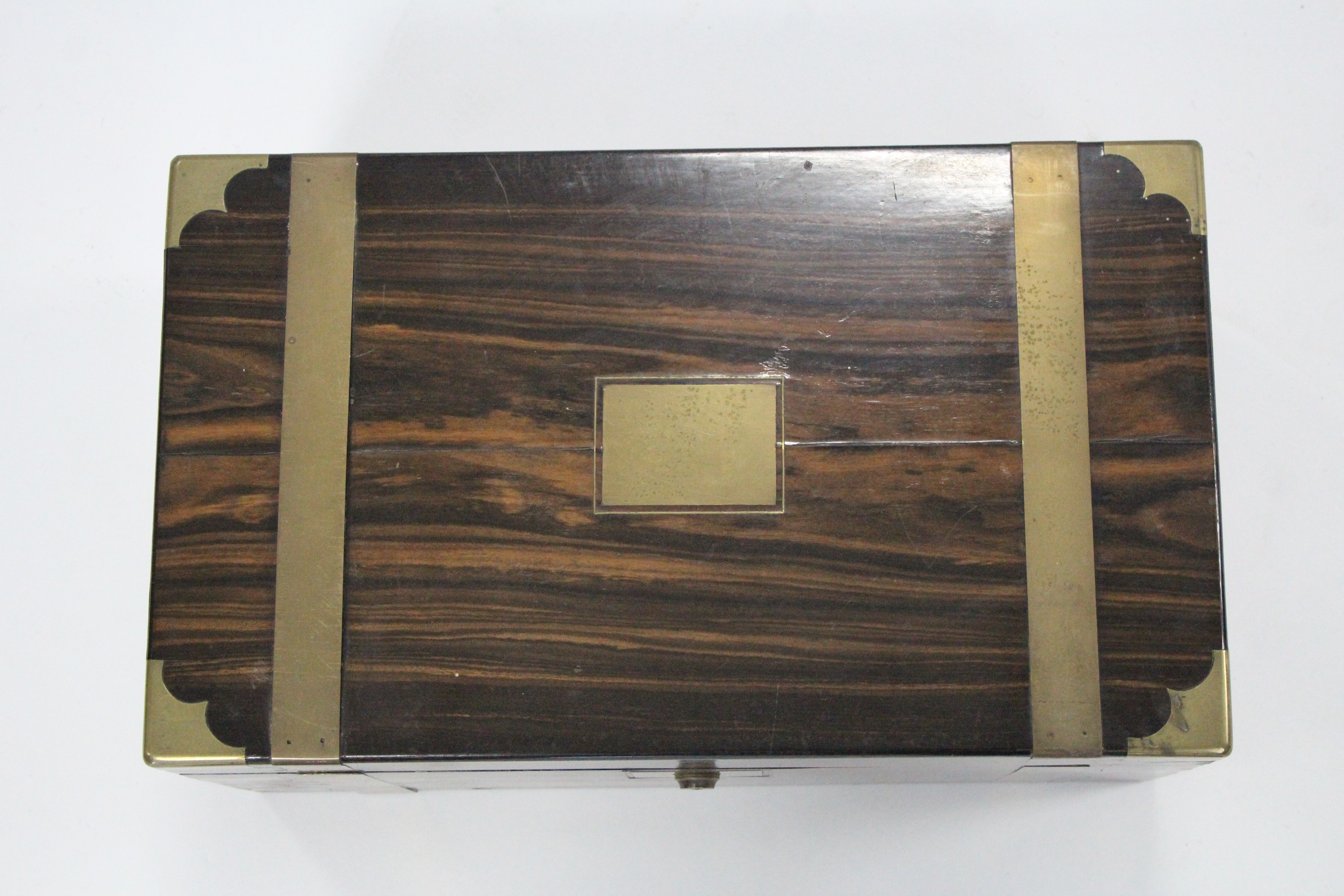 A Victorian brass-bound coromandel large writing slope with pair of glass inkwells to the fitted - Image 4 of 4