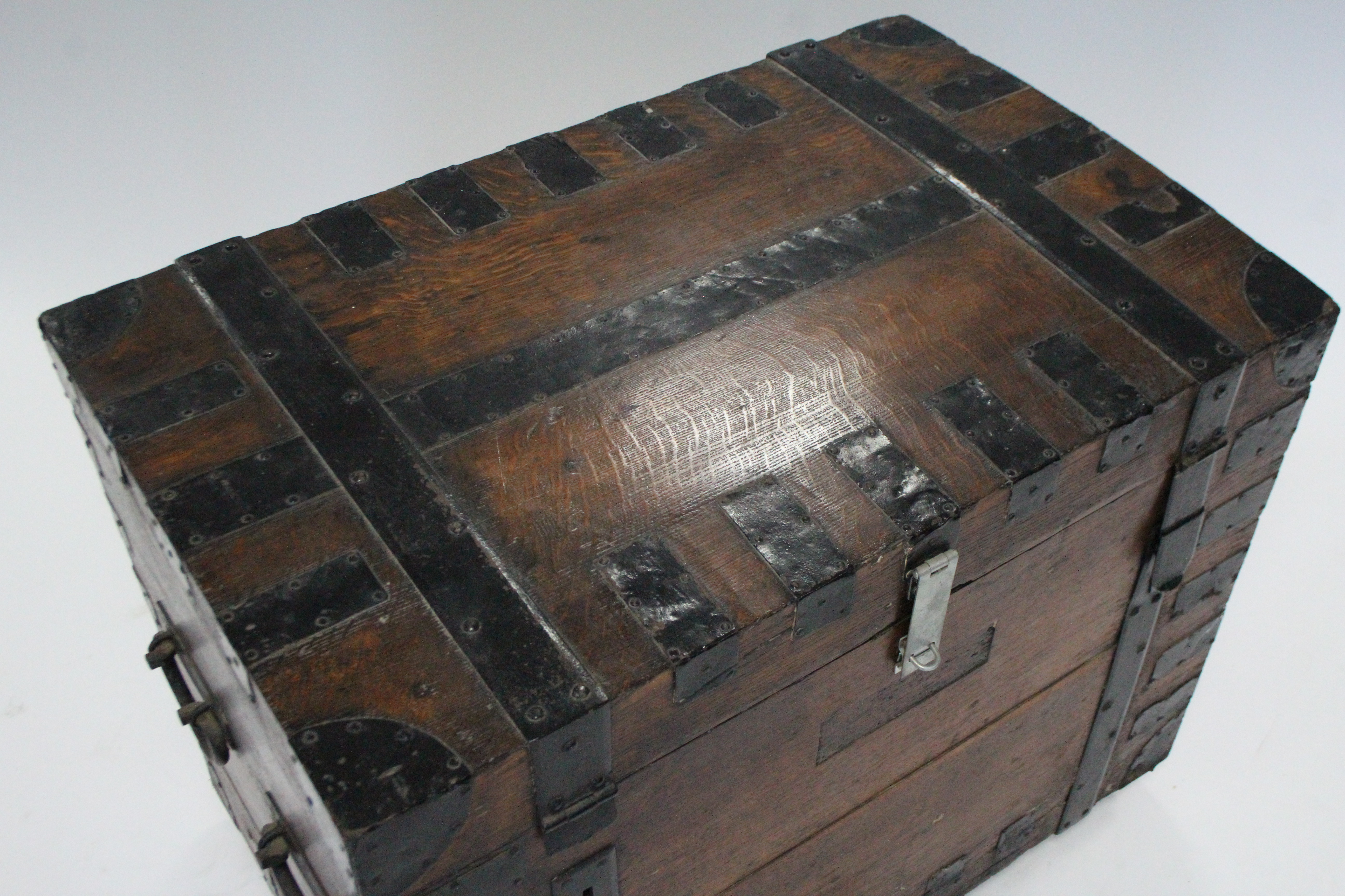 A 19th century OAK & IRON BOUND PLATE CHEST with hinged lift-lid, double swing carrying handles, & - Image 3 of 4