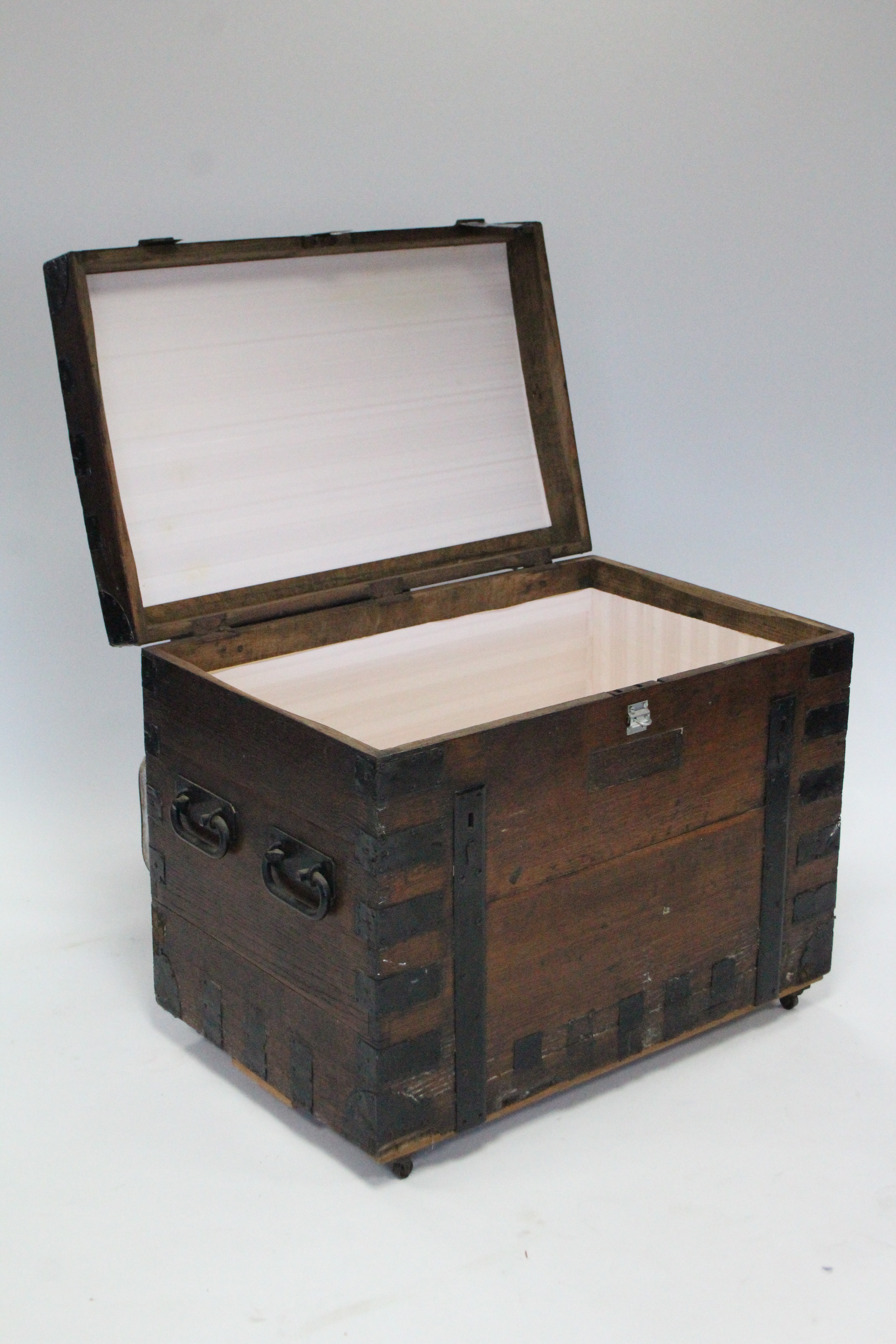 A 19th century OAK & IRON BOUND PLATE CHEST with hinged lift-lid, double swing carrying handles, & - Image 2 of 4