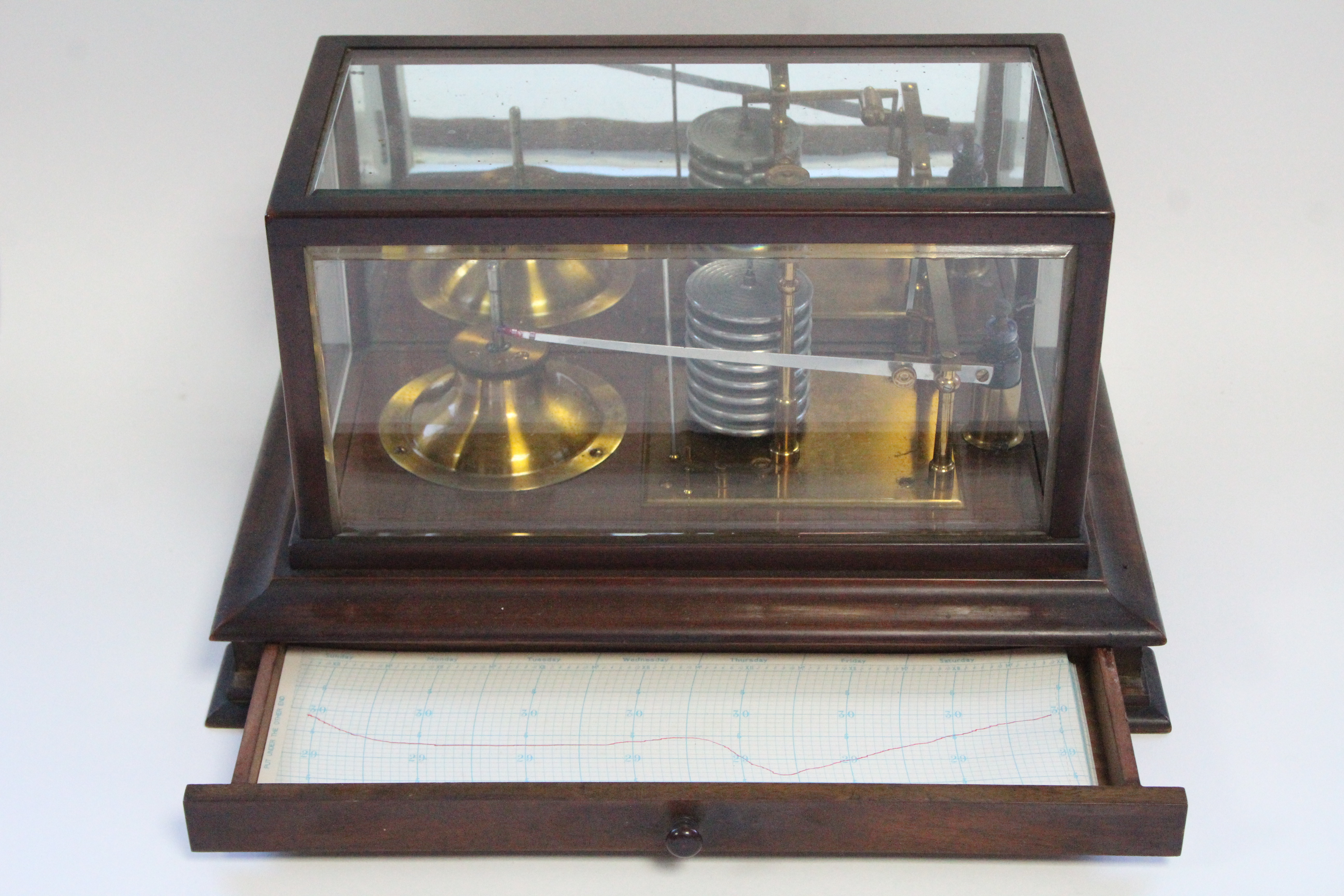 An early 20th century barograph in mahogany case with bevelled glass to the top & all sides, - Image 2 of 4