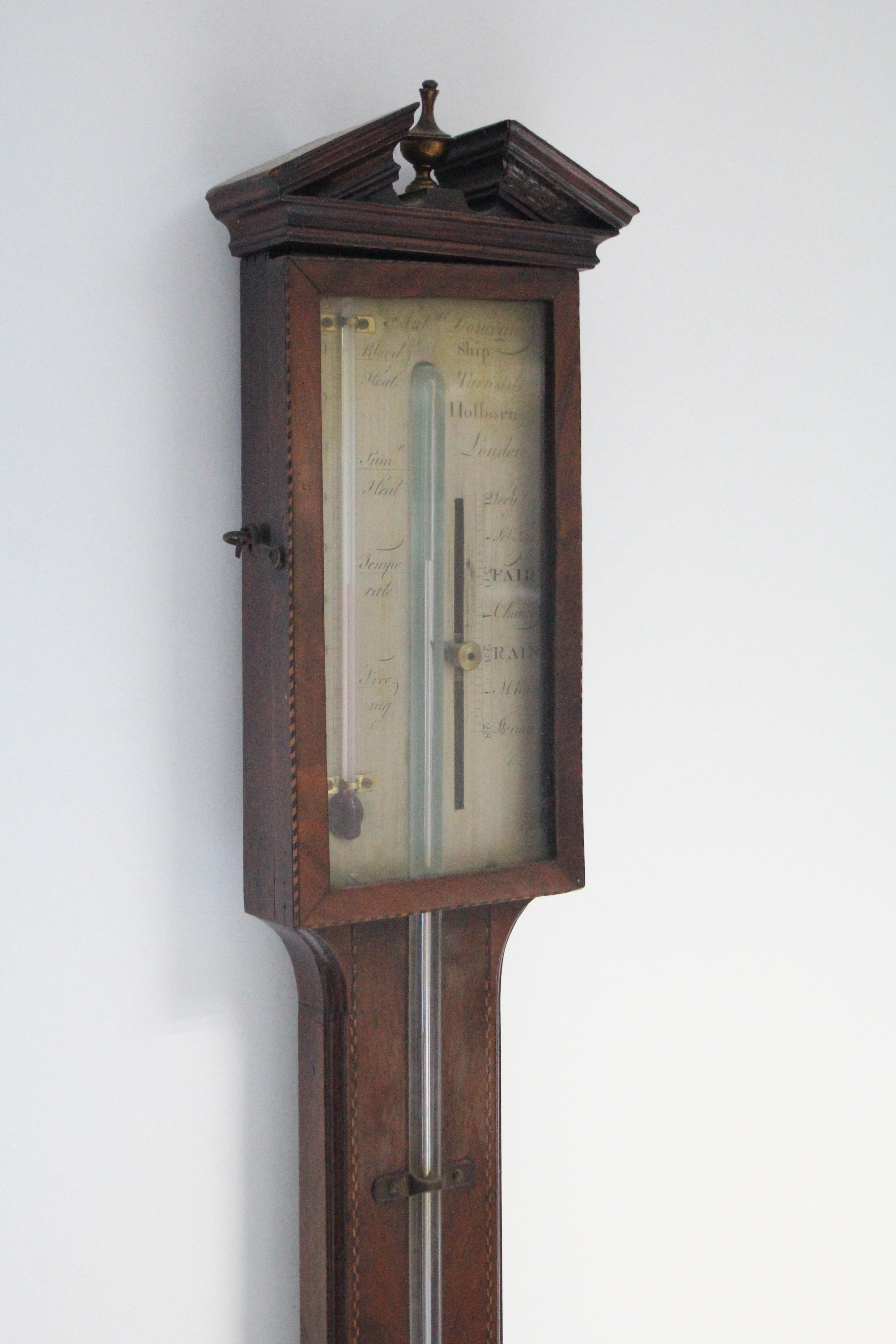 A late George III stick barometer, in mahogany case with inlaid chequered borders, the engraved - Image 4 of 5