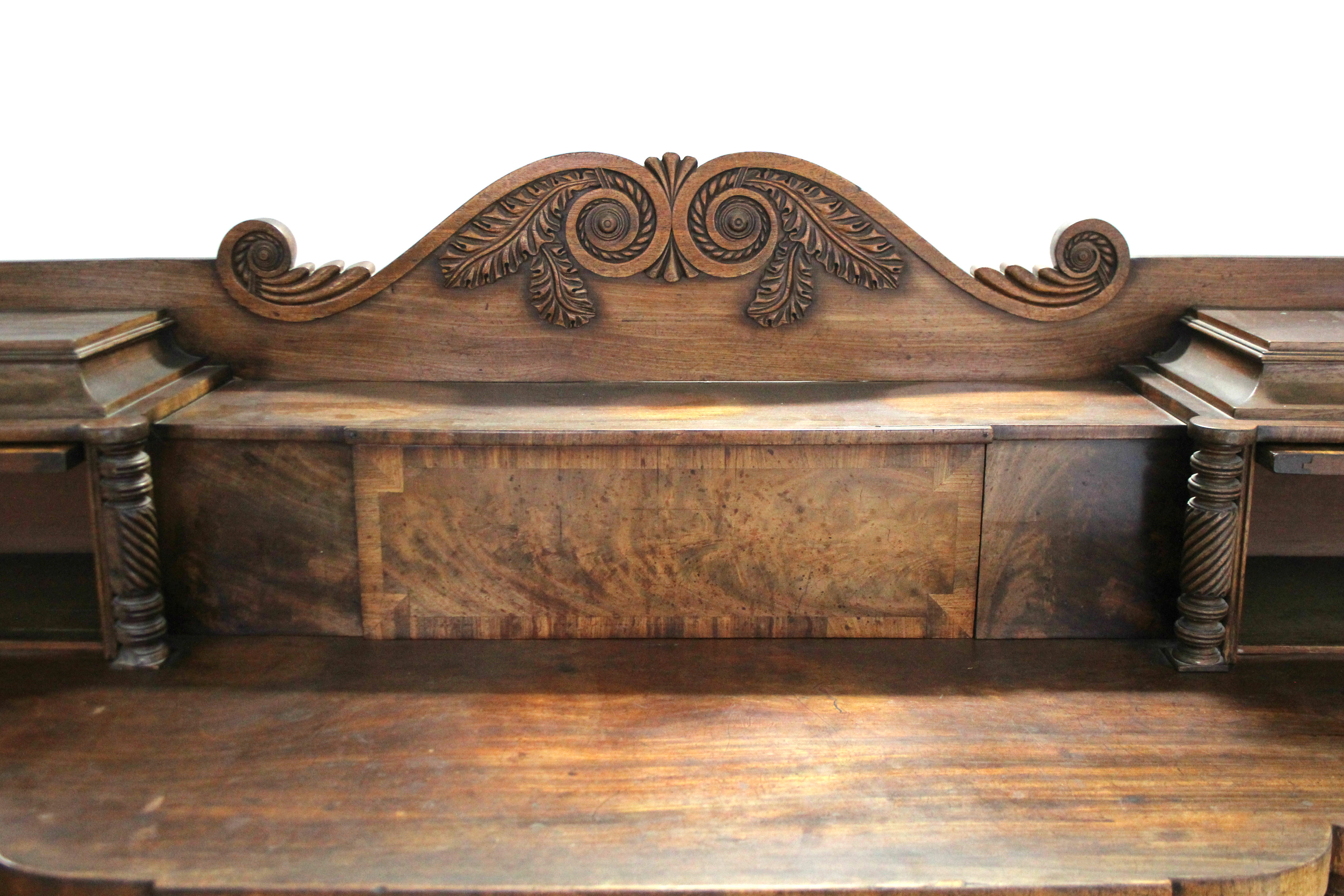 A Regency mahogany pedestal sideboard, the stage-back with carved scroll decoration to centre, the - Image 4 of 4