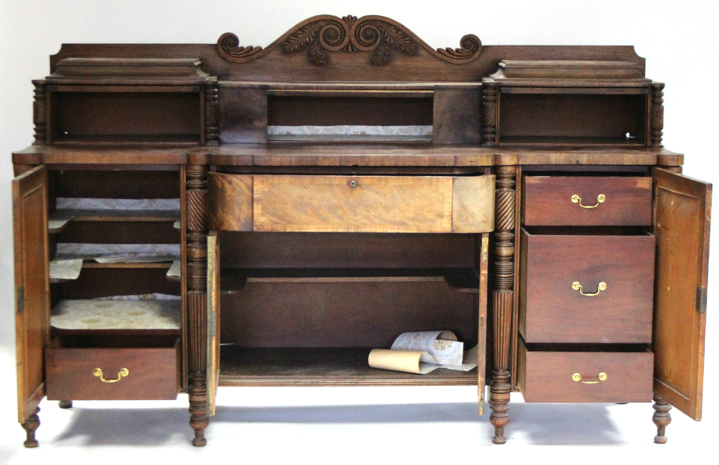 A Regency mahogany pedestal sideboard, the stage-back with carved scroll decoration to centre, the - Image 2 of 4