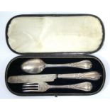 A Victorian Grecian pattern christening set of knife, fork, & spoon; in fitted case. London 1856, by