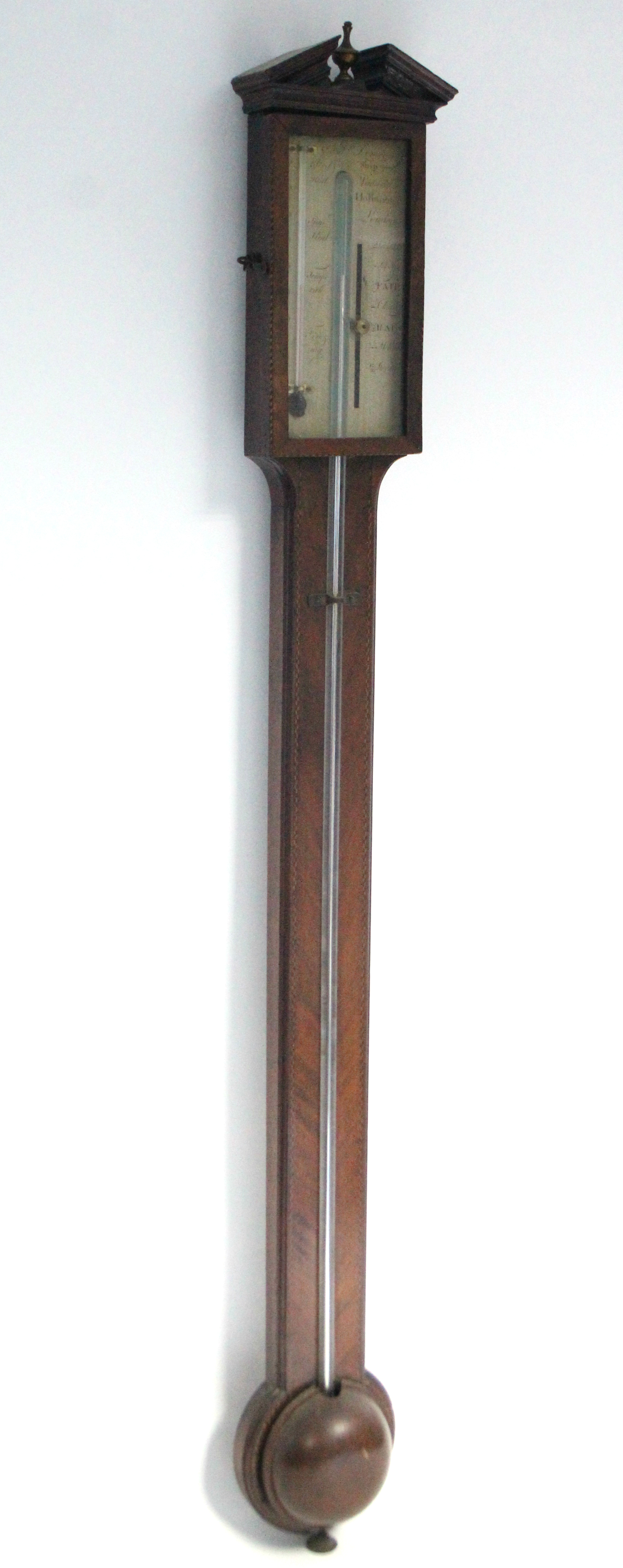 A late George III stick barometer, in mahogany case with inlaid chequered borders, the engraved - Image 3 of 5