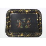 An early 19th century black lacquered papier mâche rectangular tray with coloured & gilt Chinoiserie