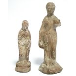 Two Roman terracotta small standing female votive figures; 5” & 4” high.