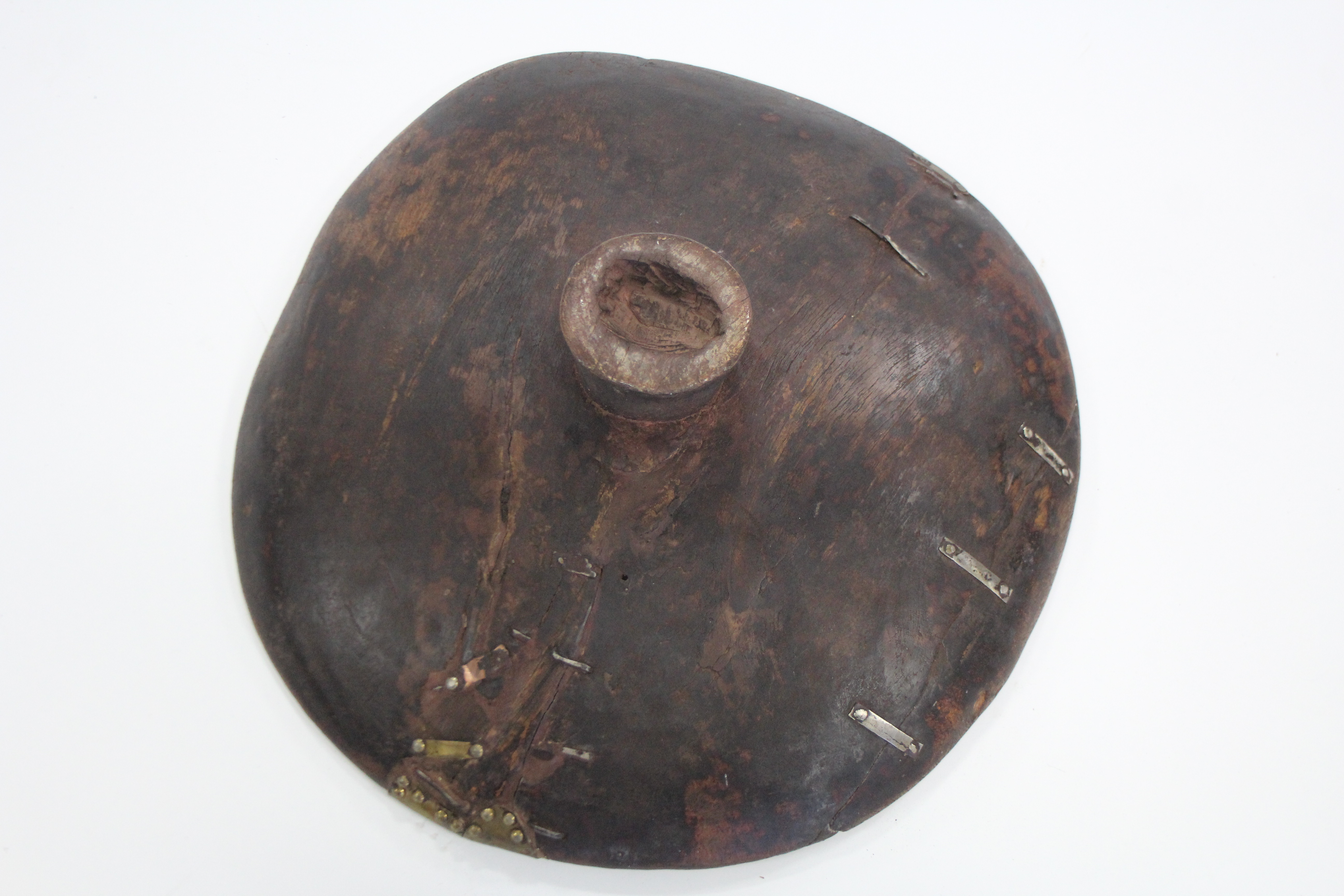 An antique Moroccan large wooden couscous bowl, on stem foot; 27” diam. (old rivet repairs). - Image 3 of 4