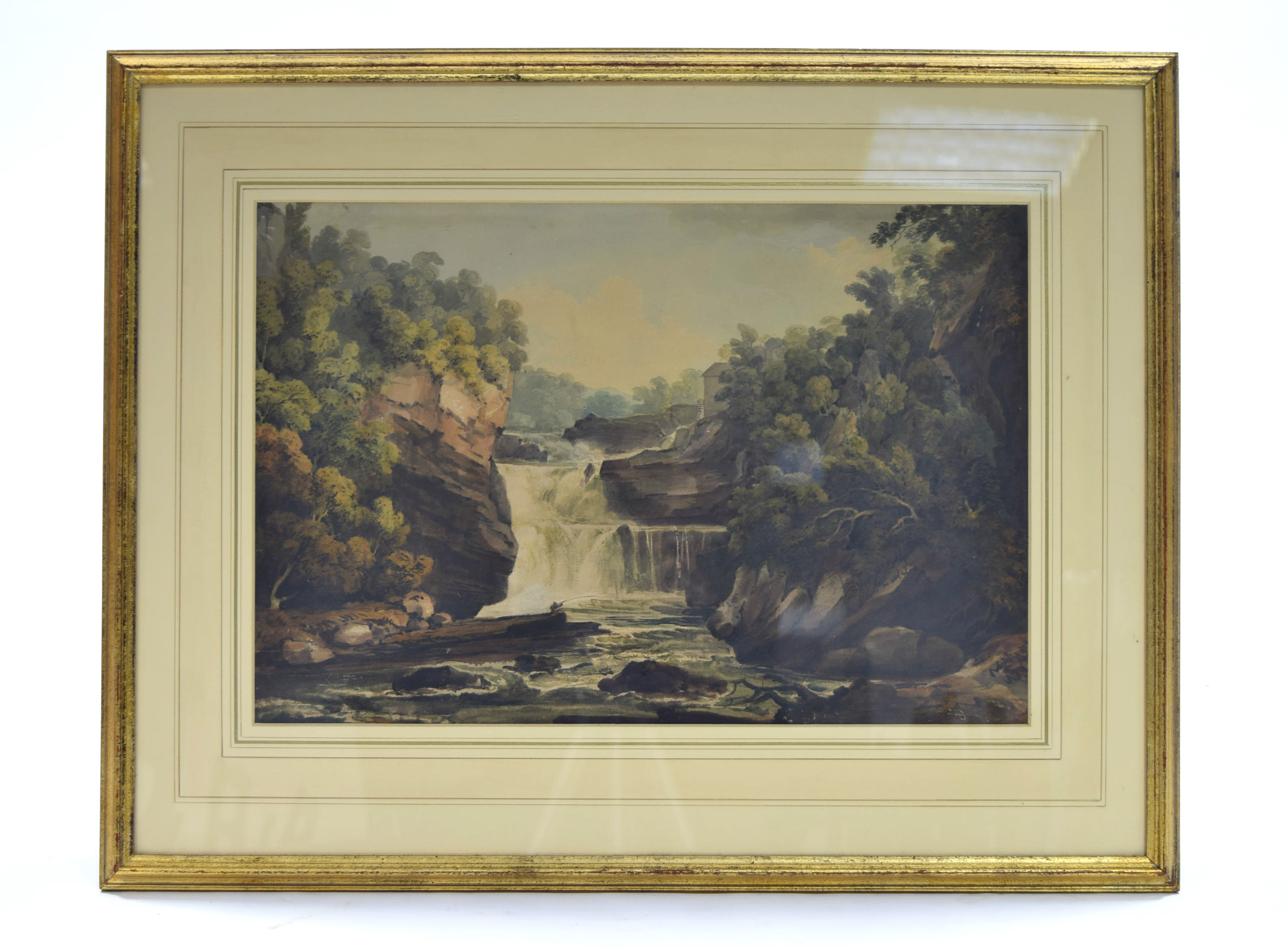 NICHOLSON, George (circa 1795-1843, attributed to). A river gorge with angler below a waterfall;