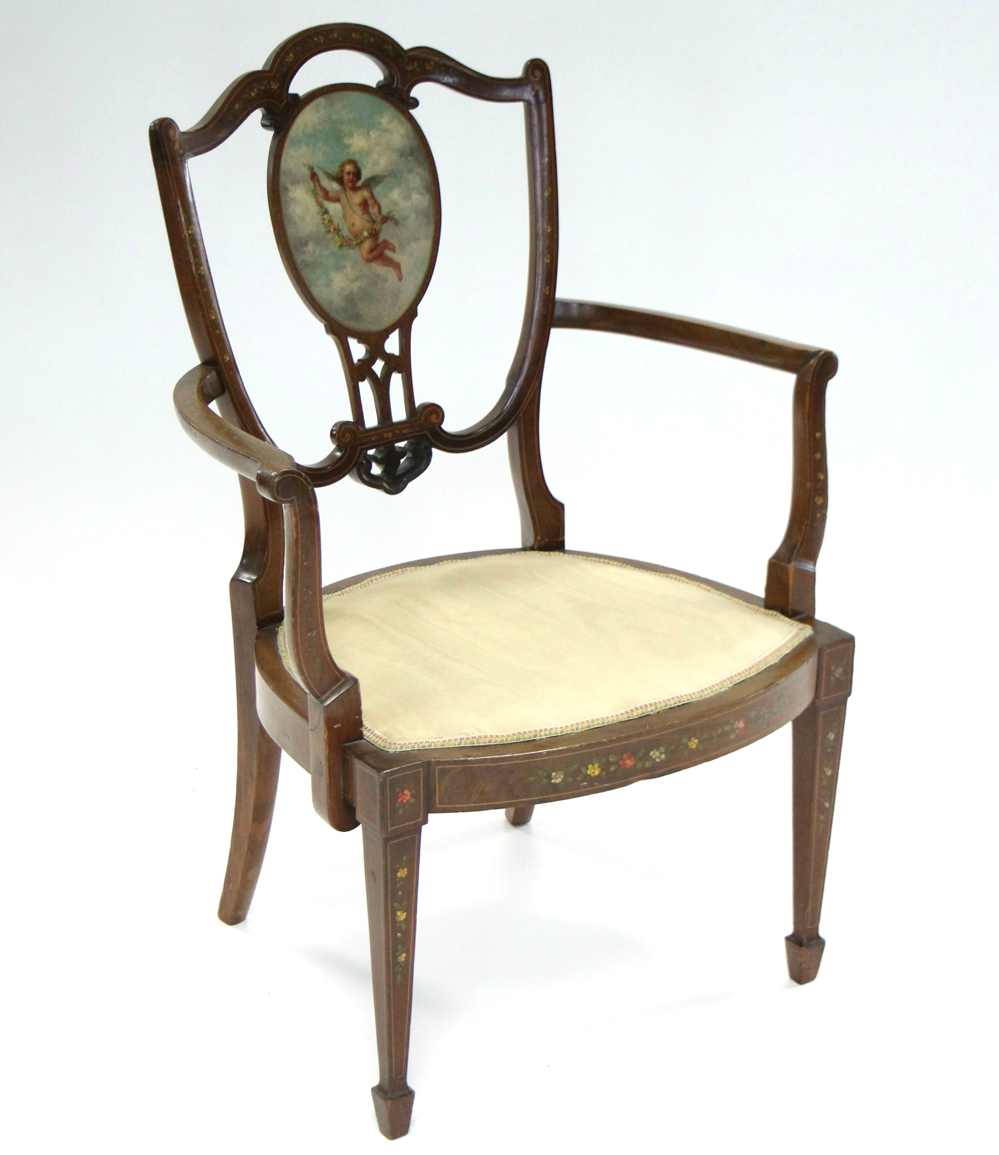 A Victorian small inlaid open armchair with padded seat, painted scene of a cherub holding a garland