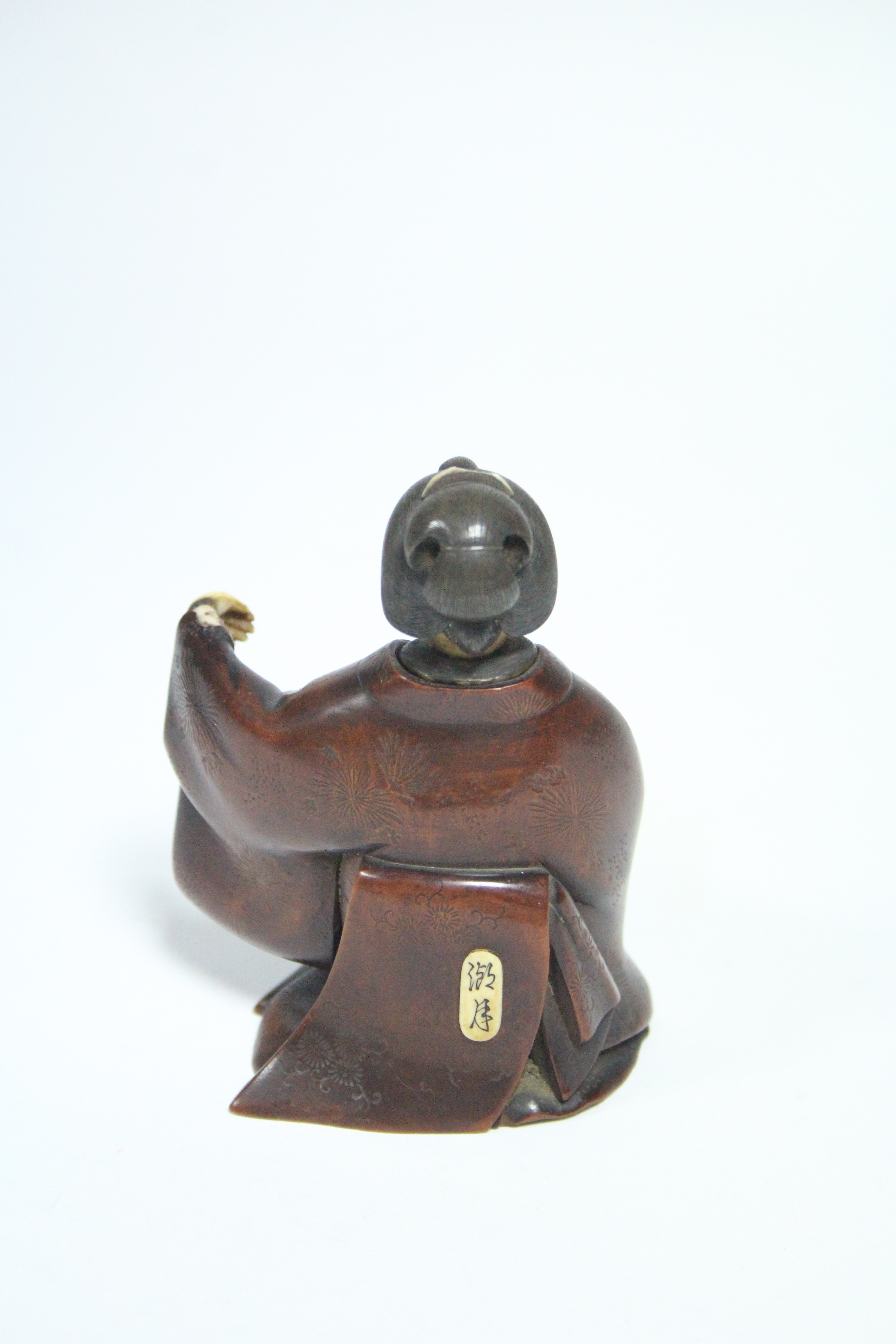 A late 19th century Japanese wood okimono of a kneeling Geisha, with ivory head & hands, signed on a - Image 3 of 7