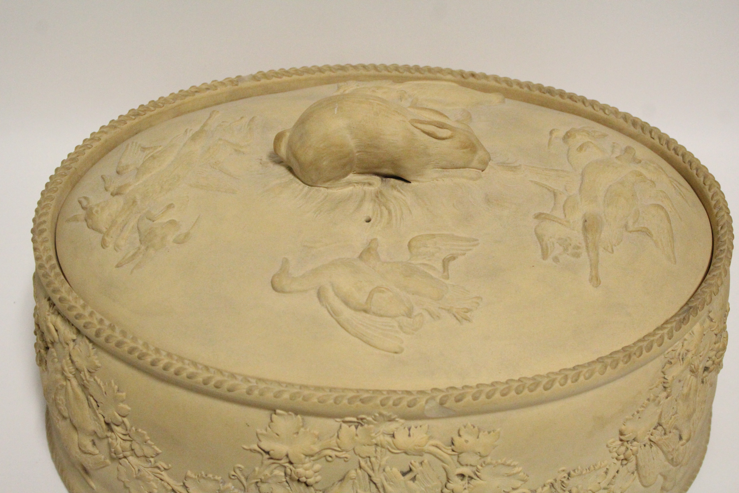 A 19th century Wedgwood caneware oval pie tureen with relief decoration of game birds & - Image 2 of 5