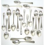 Fourteen various Georgian & Victorian Old English teaspoons; three Old English Thread ditto; & a