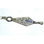 AN ART DECO DIAMOND & SAPPHIRE PENDANT of tapered angular form, set numerous graduated diamonds &