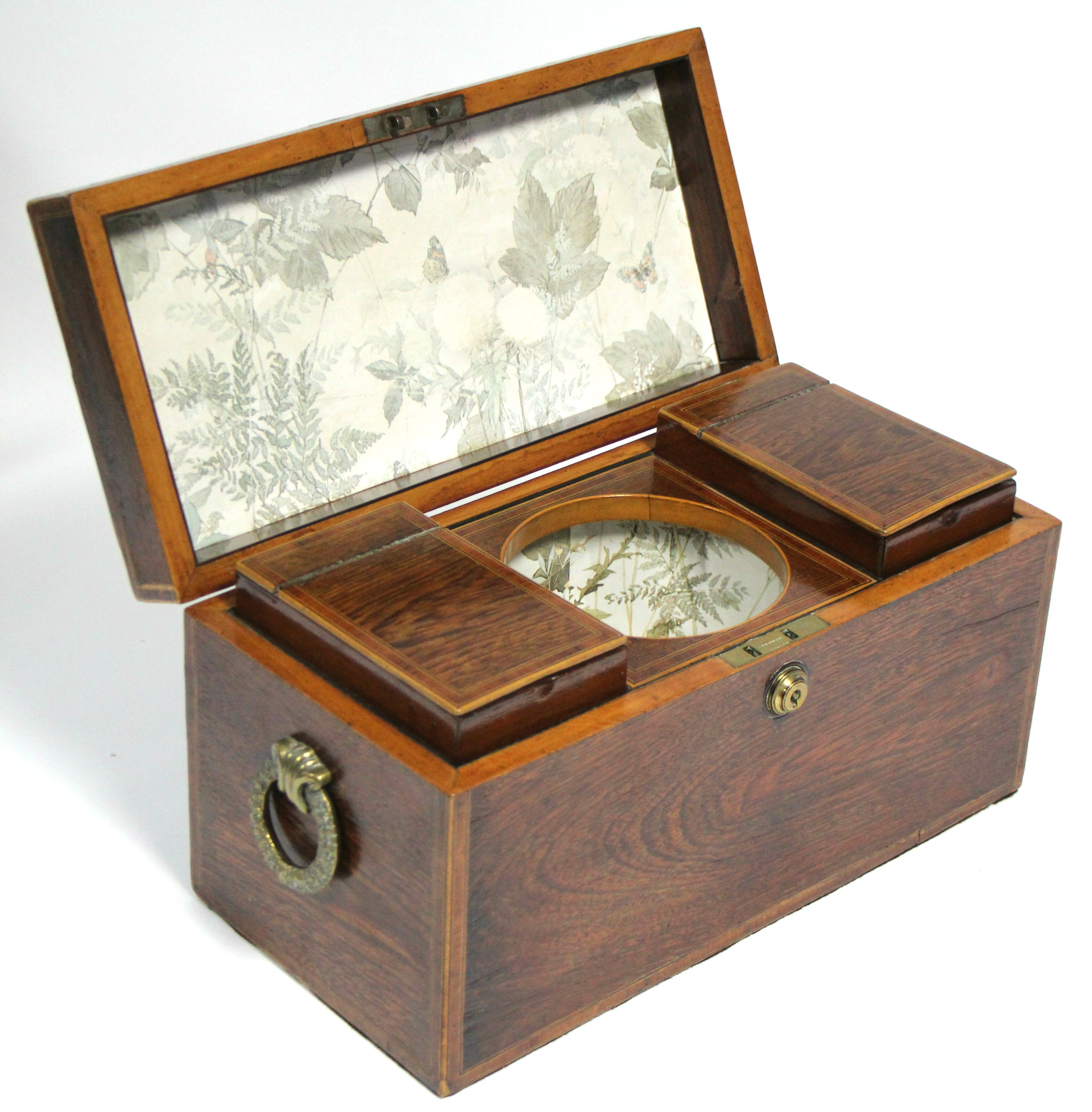 A regency exotic hardwood rectangular tea caddy with narrow kingwood crossbanding to the borders,