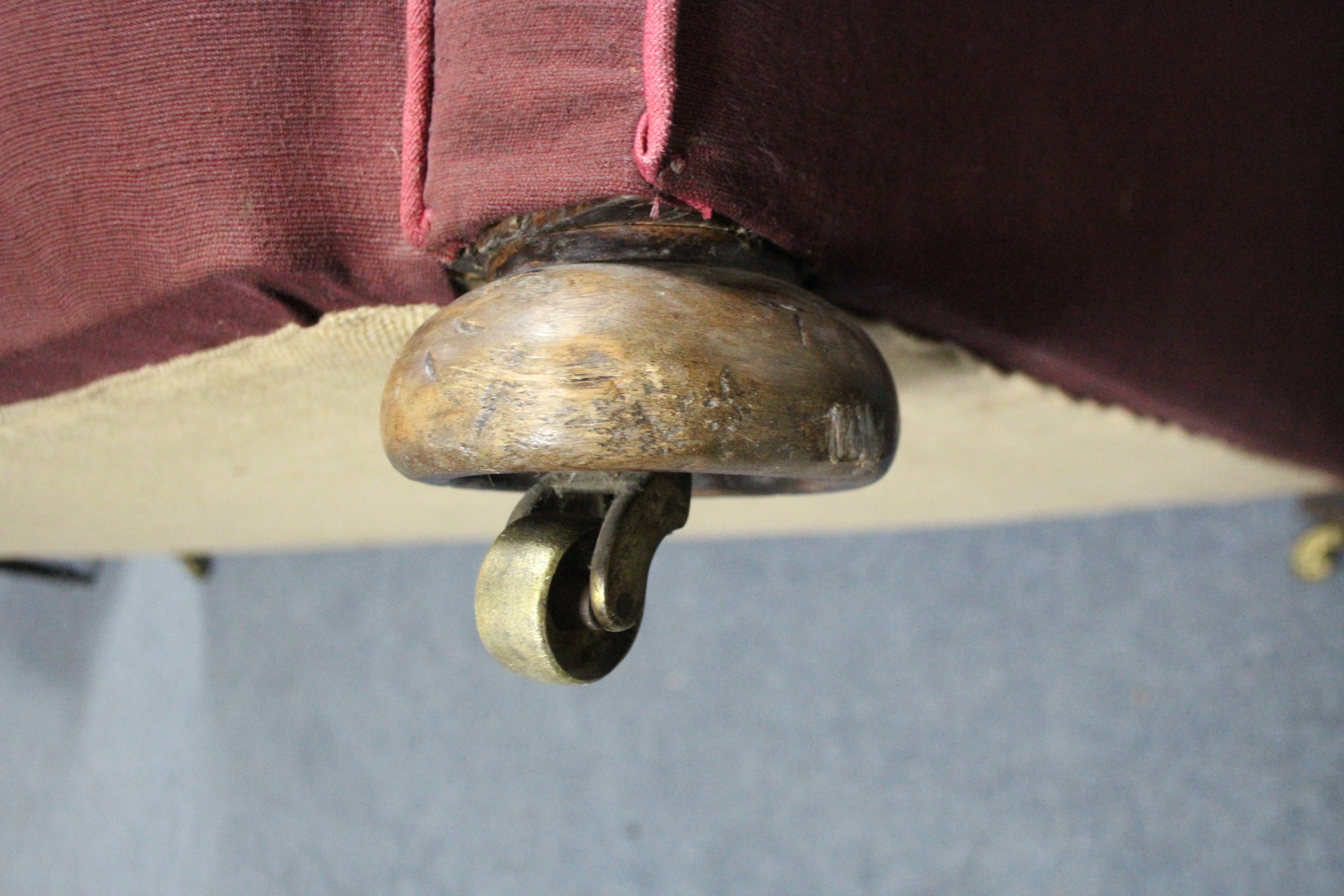 An early 20th century three-seat sofa upholstered burgundy fabric, with rounded buttoned back, - Image 5 of 5