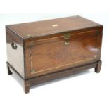 A 19th century Chinese camphor wood & brass inlaid trunk with hinged top, removable tray & brass