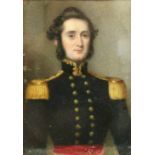 ENGLISH SCHOOL, early 19th century. A half-length portrait miniature of a young officer in