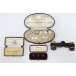 Three 18ct. gold shirt studs (3.8 gm), in original Tessier box; various mother-of-pearl shirt