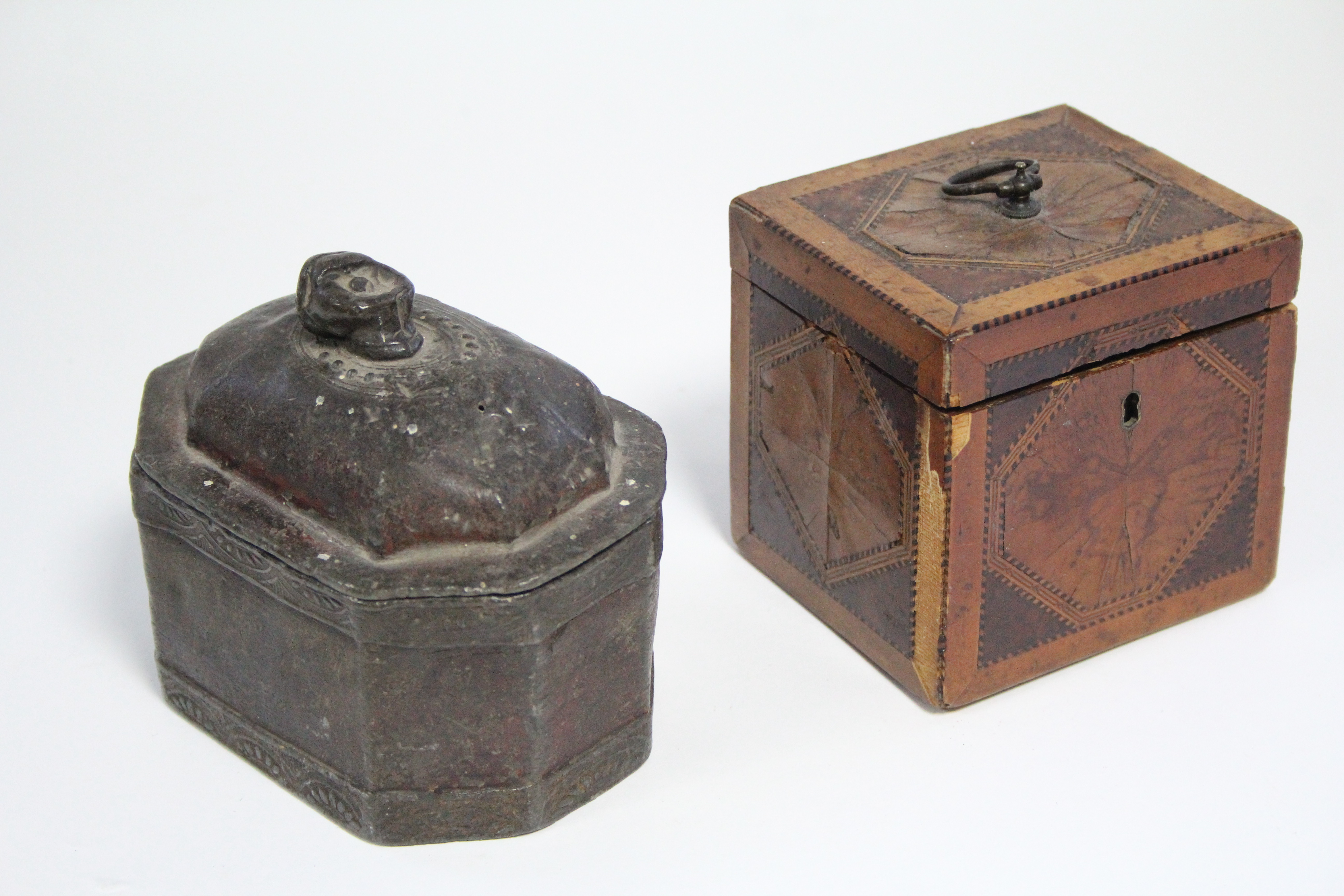 A late 18th century cube-shaped tea caddy inlaid in various exotic woods, 4¼” wide (w.a.f.); & a