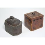 A late 18th century cube-shaped tea caddy inlaid in various exotic woods, 4¼” wide (w.a.f.); & a