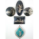 Three various Siam Sterling Niello decorated brooches; a ditto Thai brooch; & another Siamese brooch