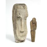An ethnic carved wood stylised human head, 13” high (w.a.f.); & another wood carving of a figure
