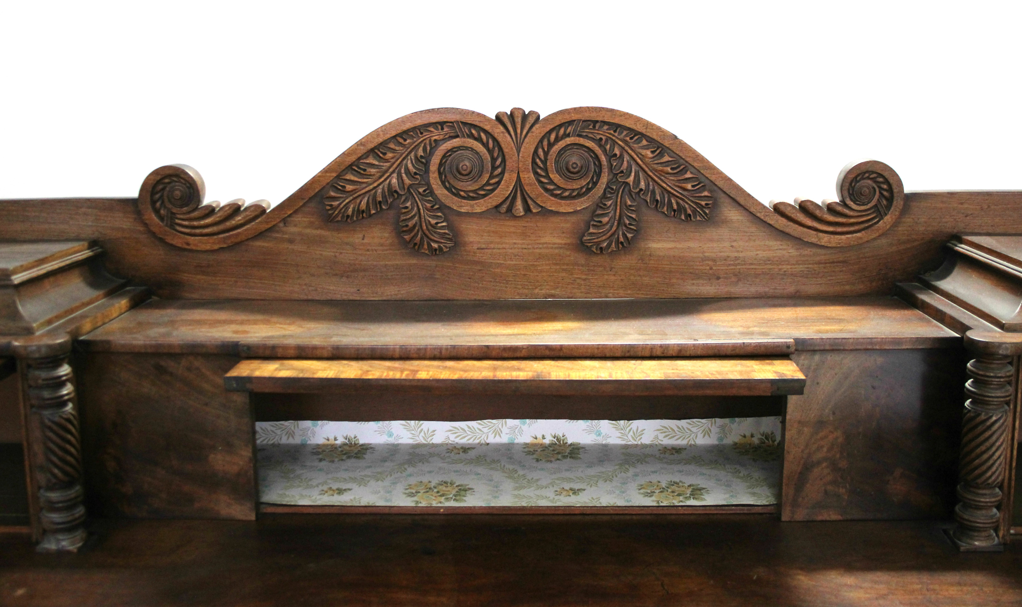 A Regency mahogany pedestal sideboard, the stage-back with carved scroll decoration to centre, the - Image 3 of 4