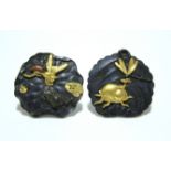 A pair of Japanese bronze coat buttons with gold & copper overlay, each in the form of a lily pad,