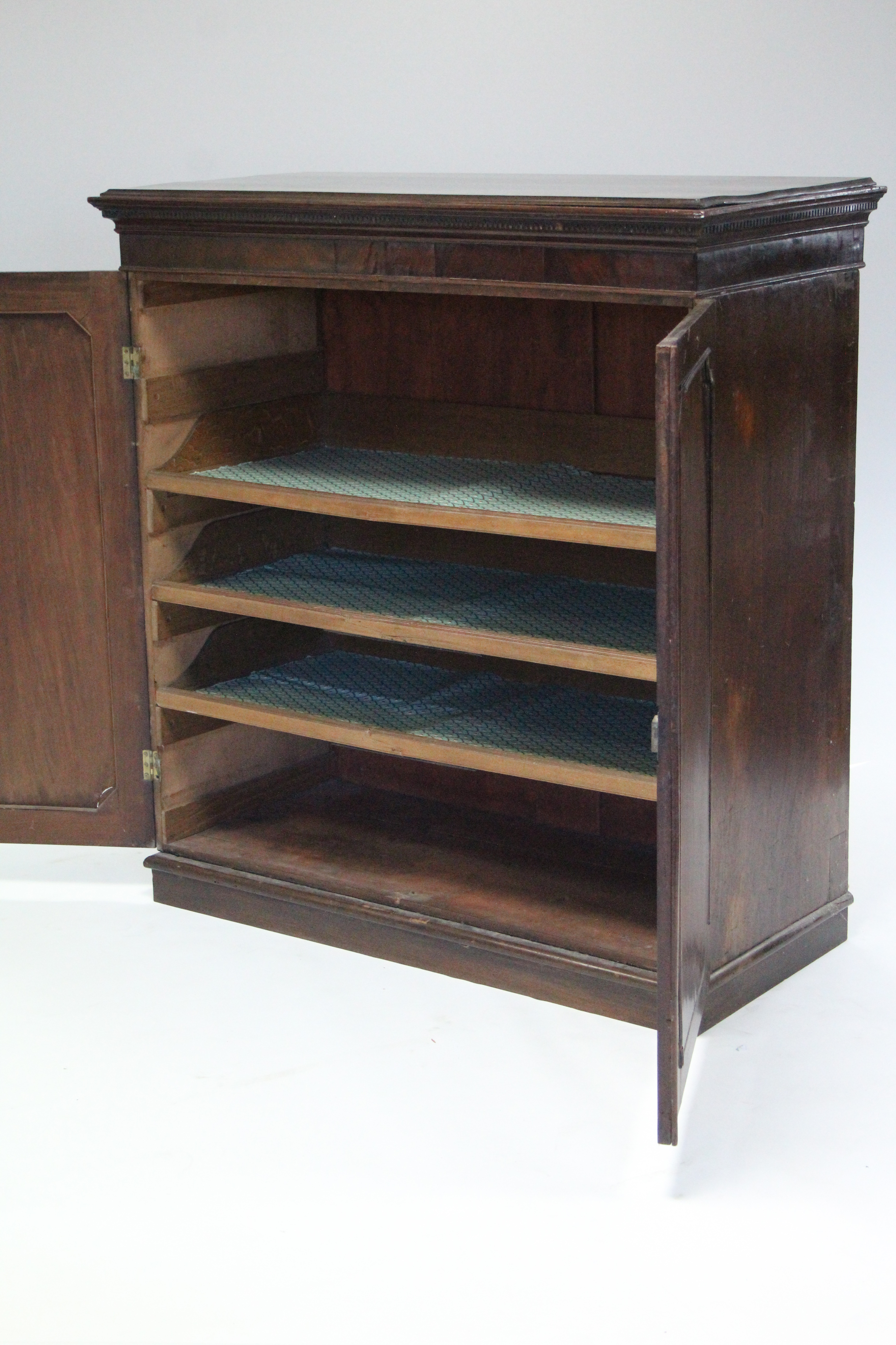 A late 18th century mahogany top-section of a linen press fitted three sliding trays enclosed by a - Image 2 of 2