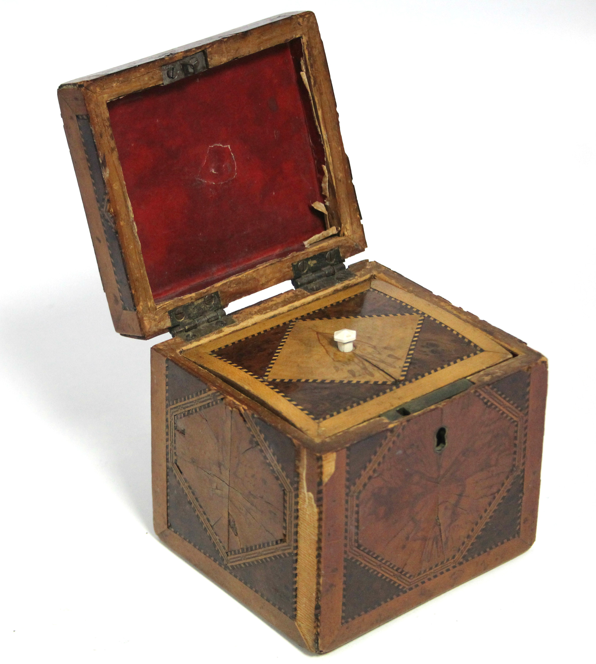 A late 18th century cube-shaped tea caddy inlaid in various exotic woods, 4¼” wide (w.a.f.); & a - Image 2 of 4