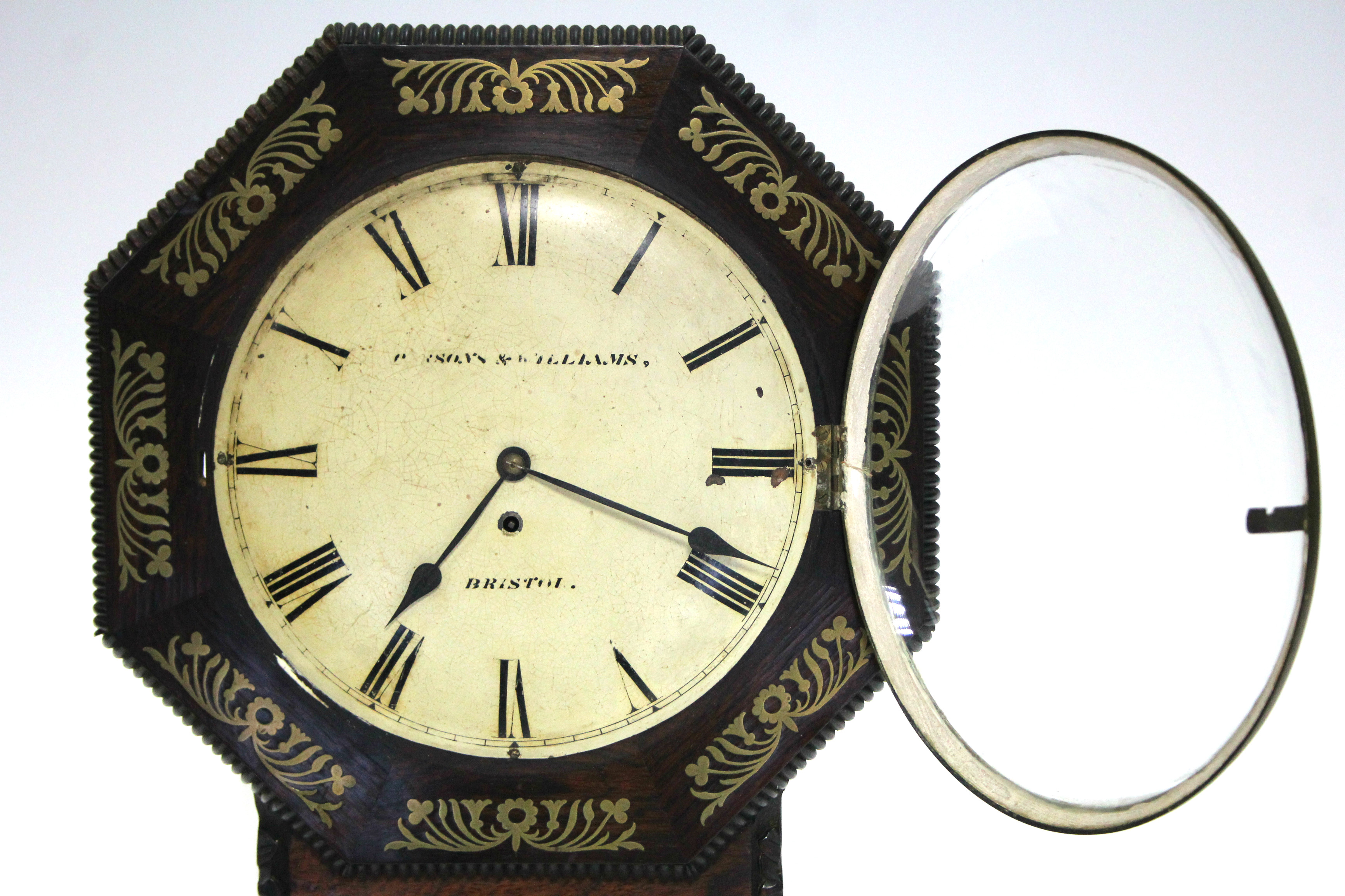 AN EARLY VICTORIAN DROP-DIAL WALL TIMEPIECE in brass inlaid rosewood octagonal case, the 12” diam. - Image 4 of 7