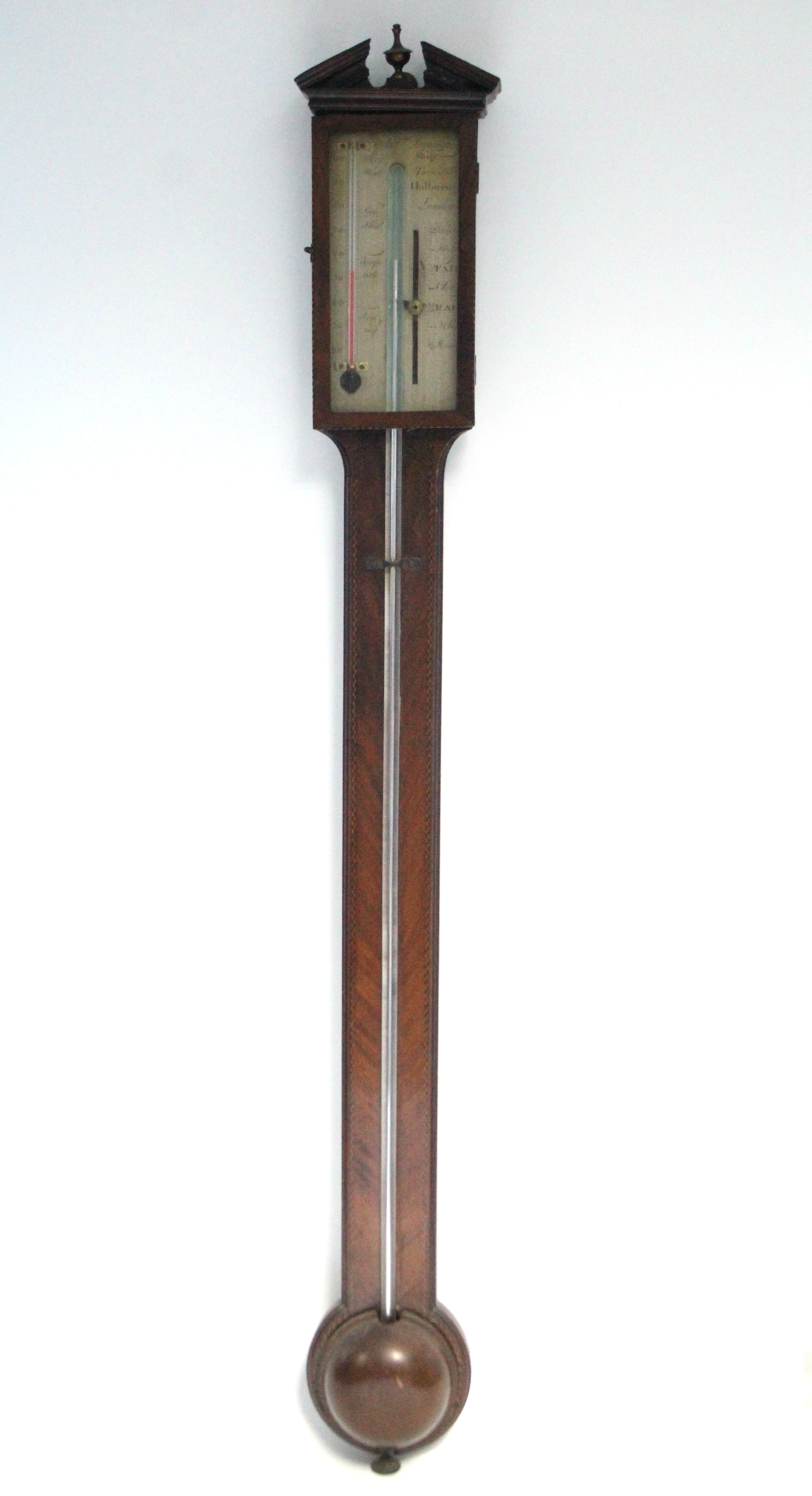 A late George III stick barometer, in mahogany case with inlaid chequered borders, the engraved - Image 2 of 5