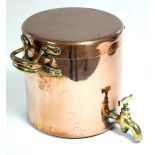 A 19th century copper cylindrical cistern with flat removable cover & brass tap; 10¾” high x 10”