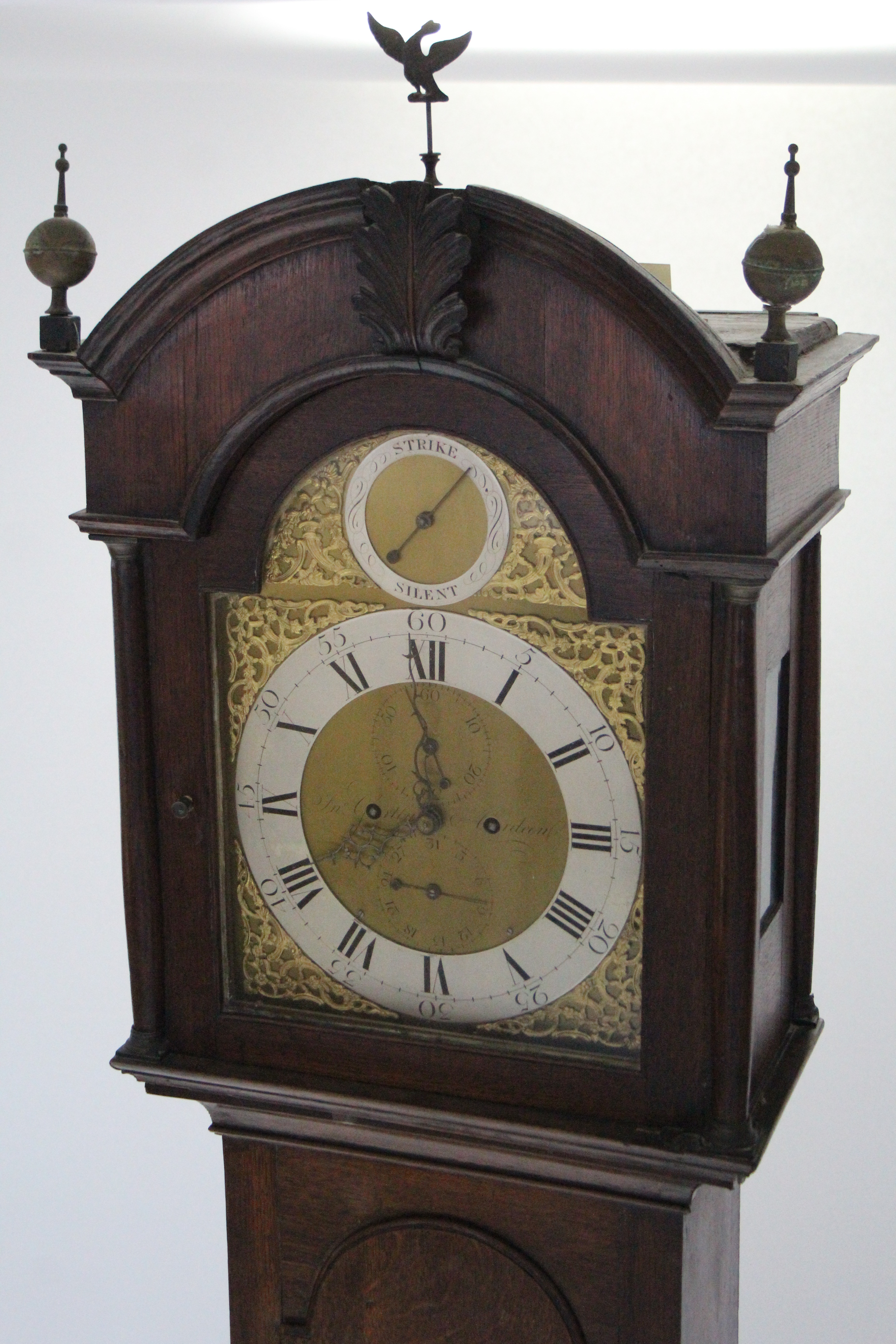 A late 18th century longcase clock, the 12” brass & silvered dial with “strike/silent” dial to the - Image 2 of 6