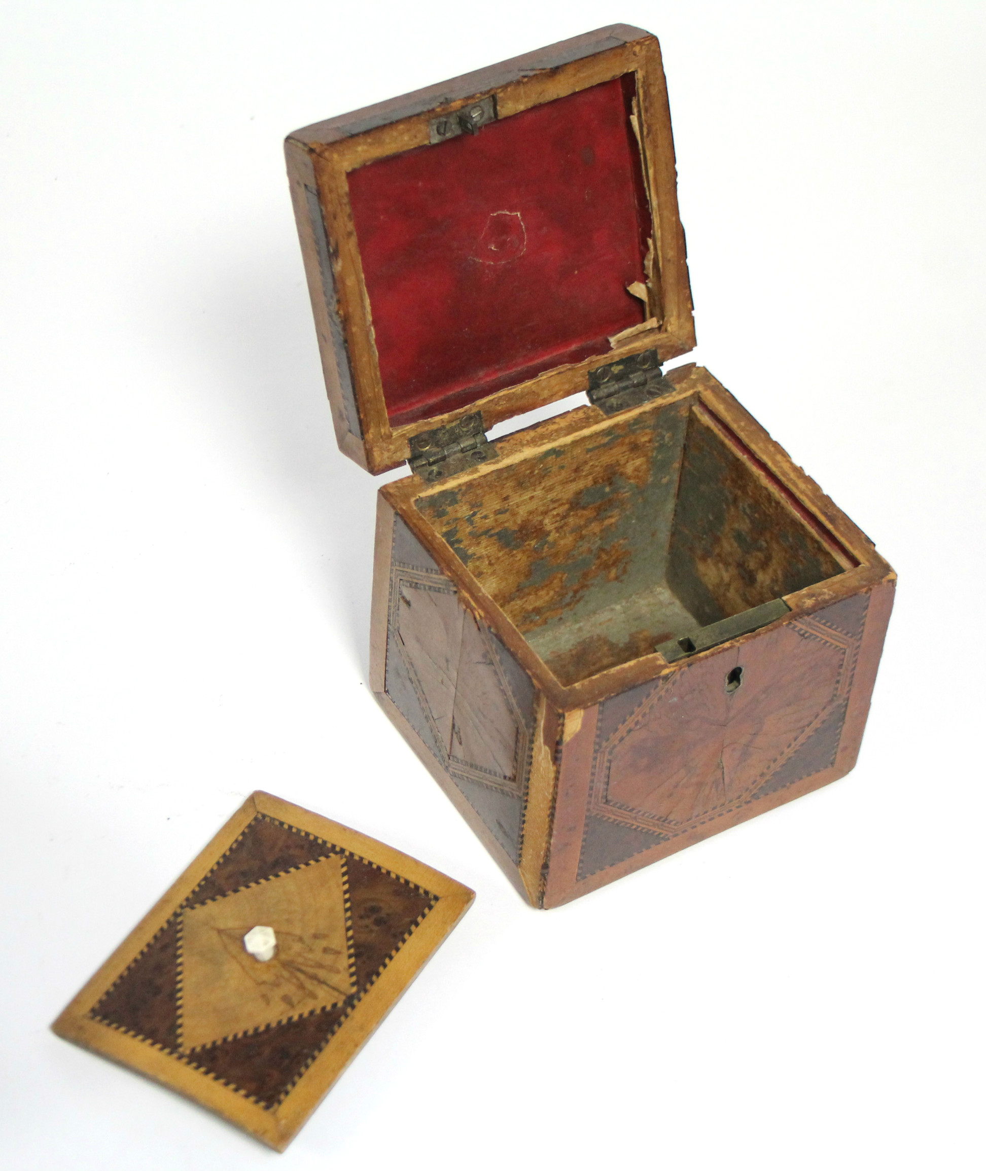 A late 18th century cube-shaped tea caddy inlaid in various exotic woods, 4¼” wide (w.a.f.); & a - Image 3 of 4