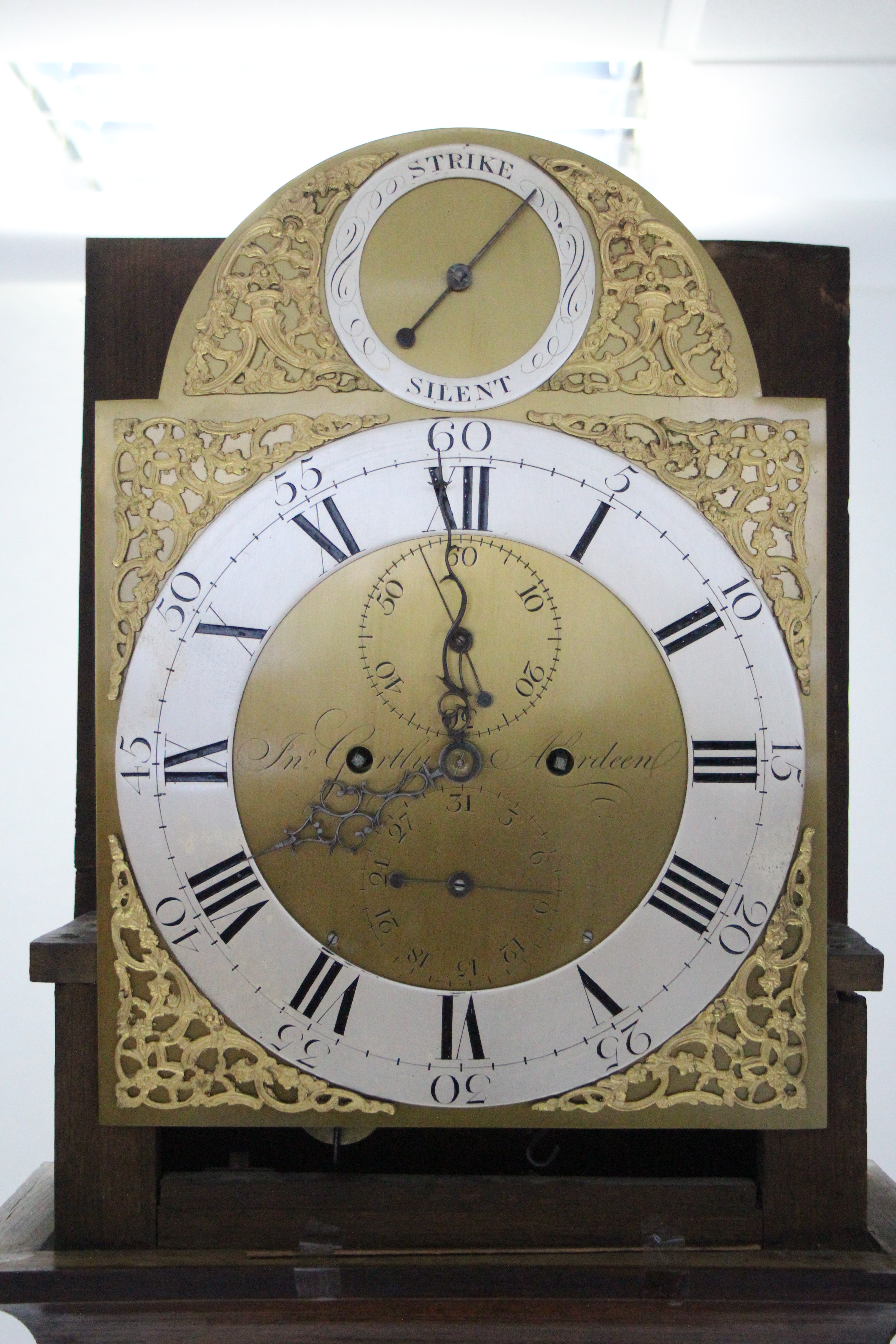 A late 18th century longcase clock, the 12” brass & silvered dial with “strike/silent” dial to the - Image 3 of 6